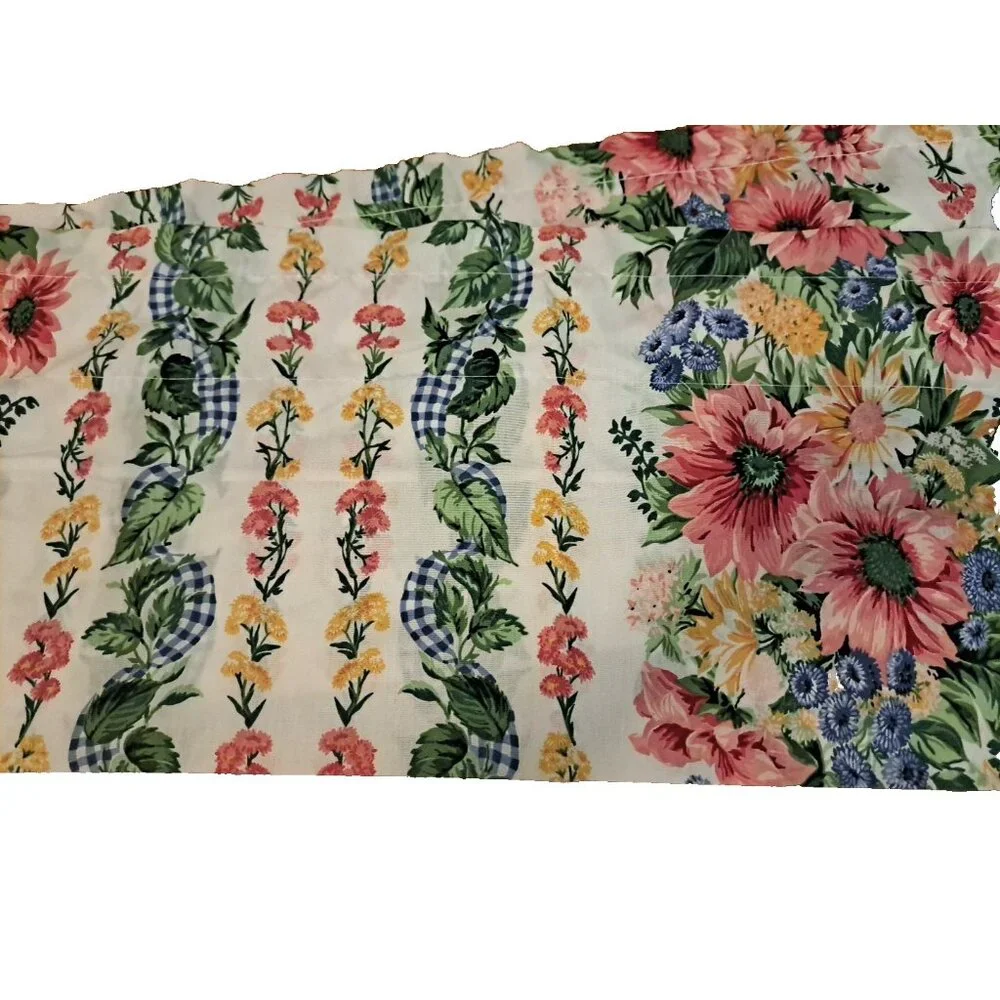 Vintage Blue Gingham Window Valance Floral Cottage Country Garden 72x13.5